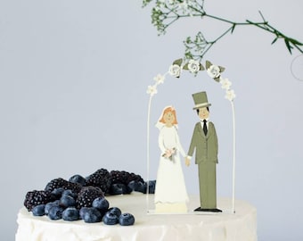 Bride And Groom Cake Topper, Couple Figurines Under Wedding Arch With Rose Garland, Wedding Book Table Decor
