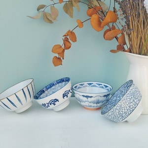 Set Of 4 Chinoiserie Bowls, Small Ramen Porcelain Bowl, Handmade Asian Style Pottery