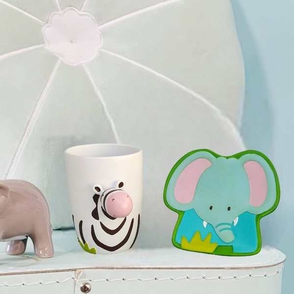 Jungle Bathroom Set, Lion Soap Dispenser, Zebra Toothbrush Holder And Elephant Soap Dish For Kids Bathroom