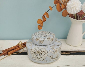 Ceramic Jar With Lid, Handmade Peony Flower Jar, Blue And White Porcelain Container