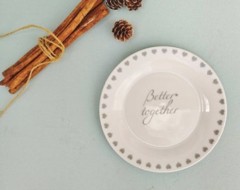 Wedding Cake Plates, Better Together White Porcelain Plate With Tiny Hearts, Gift For Bride And Groom, Set Of 2