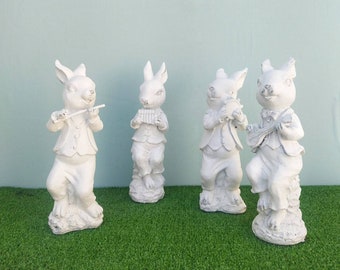 White Ceramic Rabbit Figurine With Music Ornament, Easter Bunny Decoration, Woodland Nursery Decor