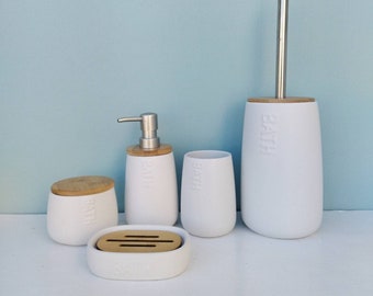 White Ceramic And Bamboo Bathroom Set, Soap Dispenser/ Toothbrush Holder/ Soap Dish/ Cotton Jar/ Toilet Brush Holder And Toilet Paper Holder