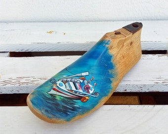 Handpainted Shoe Last, Vintage Wooden Shoe Form With Fishing Boat Painting