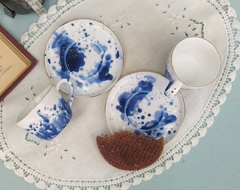 Gold Espresso Cups Set of 6 , White Ceramic Coffee Mugs with Saucers, Modern Porcelain Demitasse Cups