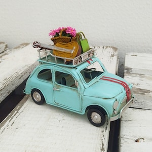 Retro  Metal Car, Miniature Fiat 500 With Baggage Rack Flower Basket And Guitar, Original Road Trip Invitation