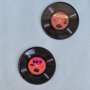 Retro Vinyl Record Coasters, Set of 6 Drink Coasters, 60s 70s 80s 90s Music Gifts, Rock & Roll Coaster Set