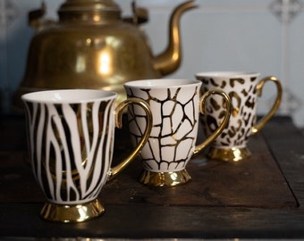 White And Gold Porcelain Mug, Eclectic Mugs With Gold Handle, Luxury Kitchen Decor