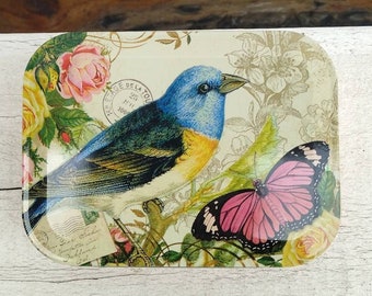 Vintage Style Candy Tin With Bluebird And Butterfly, Memory Keepsake Trinket Box, Nostalgic Gifts For Her