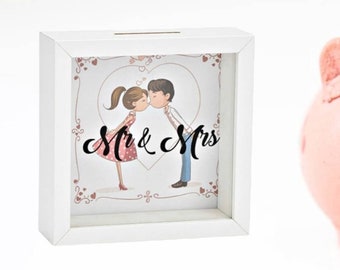 Hölzerne Spardose Mr And Mrs, Flitterwochen-Fondsbox für Hochzeitstisch, Jungvermählten Geschenk für Paare