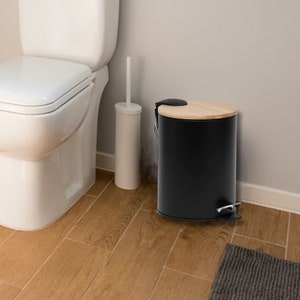 Metal Bathroom Trash Can With Bamboo Cover, Modern Bath Decor, 2.5 Or 5 Liters