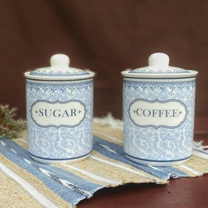 Ceramic Coffee Sugar Canister Set, Delft Blue Jar With Lid, New Home Gifts