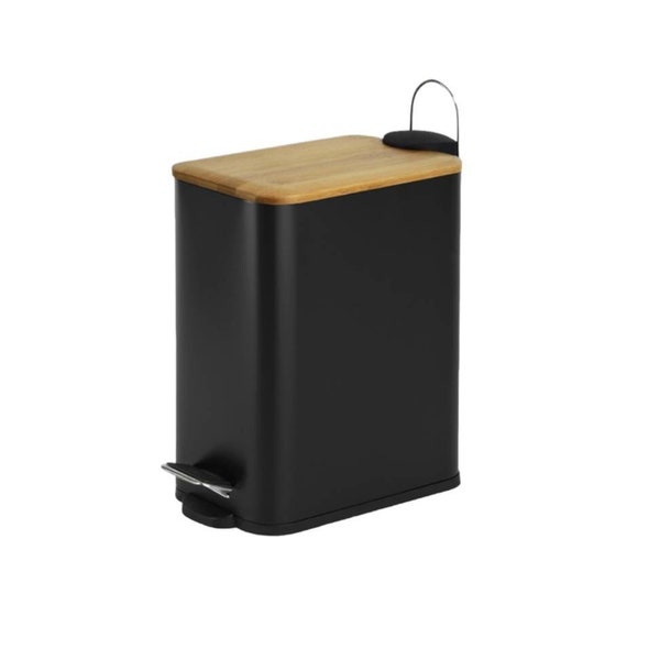 Ensemble de salle de bain rectangulaire en bambou, poubelle de salle de bain en métal avec couvercle en bambou et porte-balai pour petite salle de bain