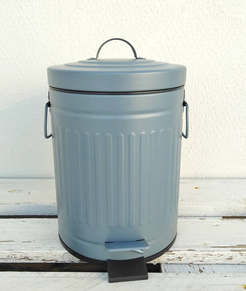 Blue Gray Farmhouse Trash Can, French Country Decor Small Metal Bin image 4