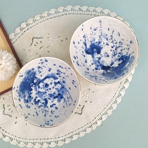 White Porcelain Bowls With Cobalt Splashes, Gold Ceramic Rimmed Bowl, Fine Dining Set Of 2