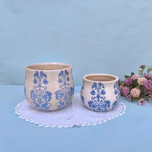 Delft Blue Ceramic Plant Pots, Floral Chinoiserie Pot For Indoor Gardening, Plant Lover Gift, Set Of 2