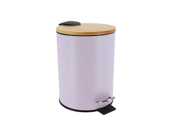 Lavender Bathroom Metal Trash Can With Bamboo Cover, Teen Girl Decor, 2.5 Liters