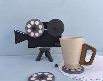 Vintage Film Movie Camera Coasters Holder with Set of 4 Ceramic Film Coasters, Filmmaker Gift Idea