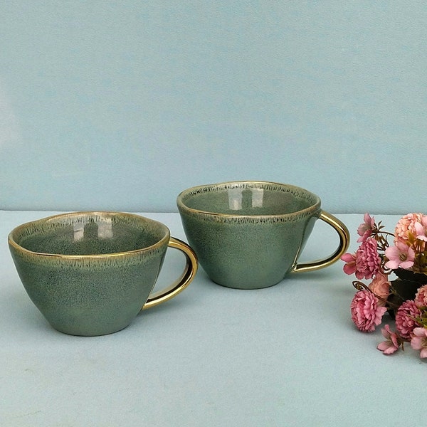 Extra Large Stoneware Mug, Eclectic Porcelain Mugs With Gold Handle, Luxury Kitchen Decor