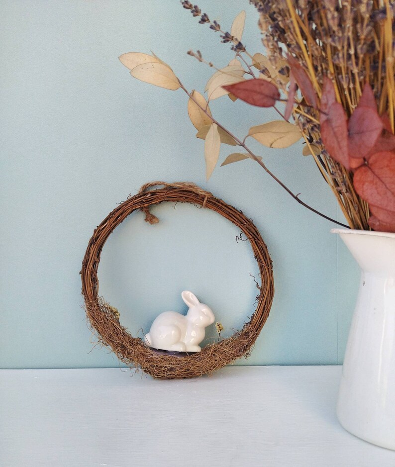 Easter Wreath With White Ceramic Bunny, Front Door Decor, Whimsical Fairytale Nursery Room Decor A