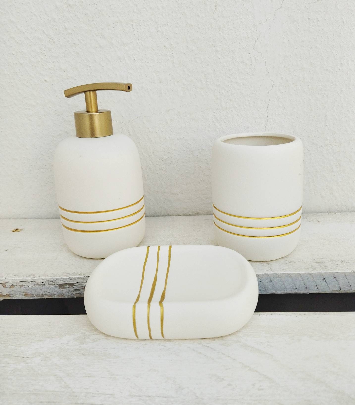 Bathroom Accessory Set Ceramic Gold&White Wash Cup ToothBrush Holder 5Pcs New 