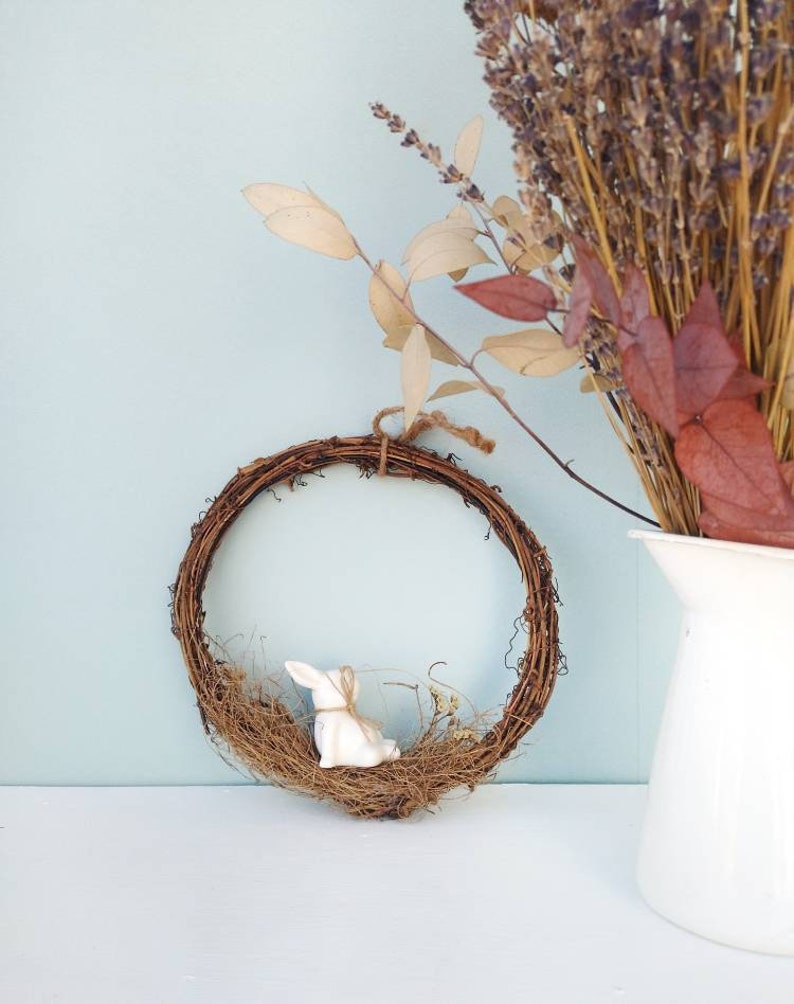 Easter Wreath With White Ceramic Bunny, Front Door Decor, Whimsical Fairytale Nursery Room Decor B