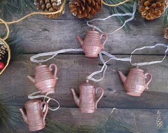 Mad Hatter Tea Party Christmas Ornaments Set Of 5, Christmas Tree Ceramic Ornaments In Handmade Wood Box