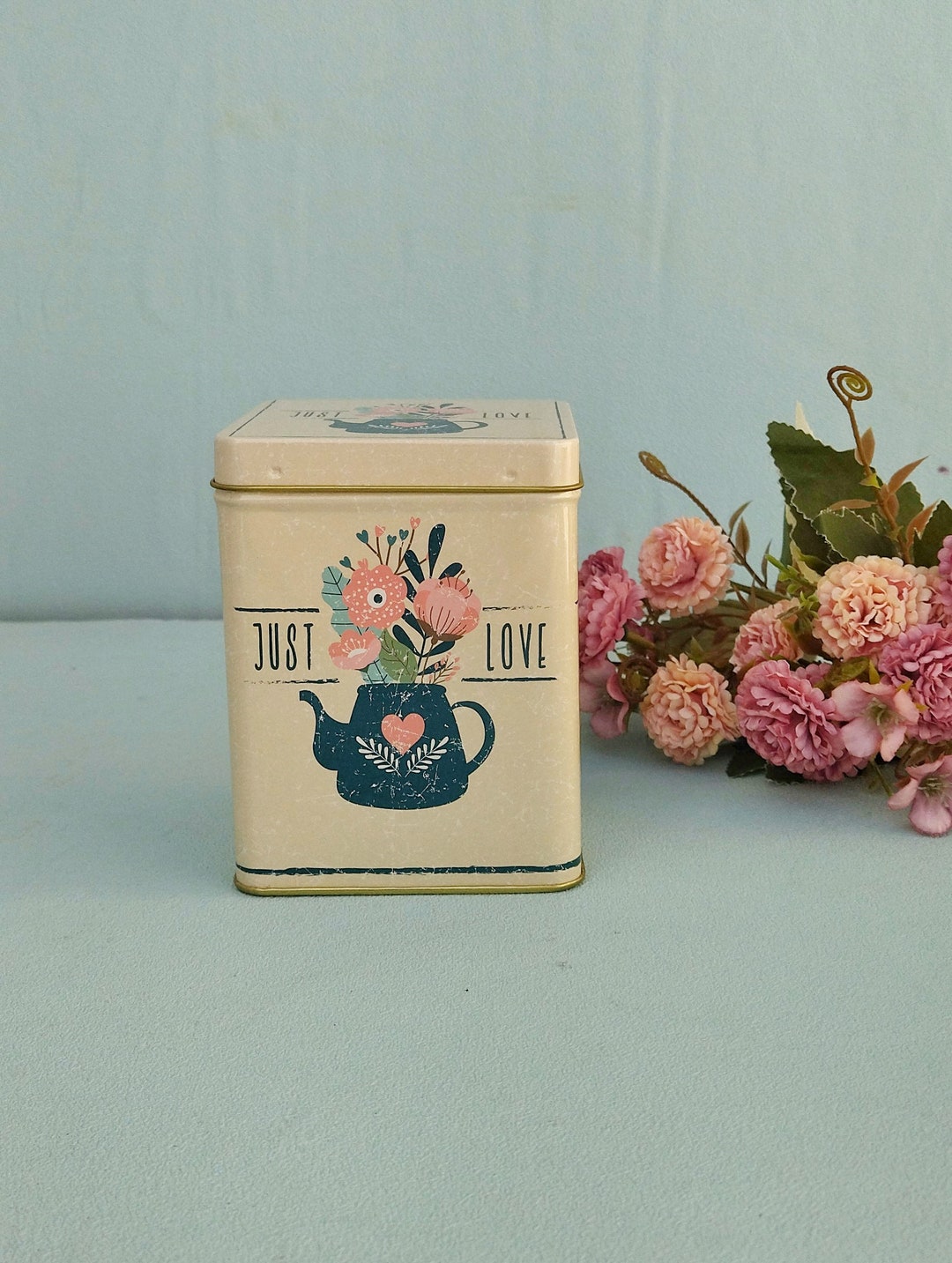 Herbal Tea Box, Loose Leaf Tea Storage, Vintage Style Trinket Tin Box
