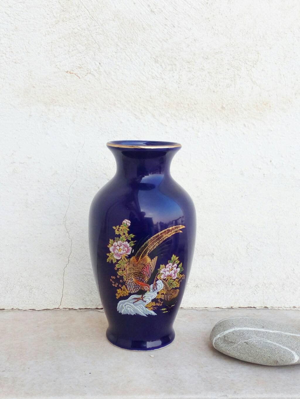 Cobalt Blue Japanese Vase, Tajimi Pottery, Fuku Arita Porcelain Vase With Pheasant , Japanese Vase
