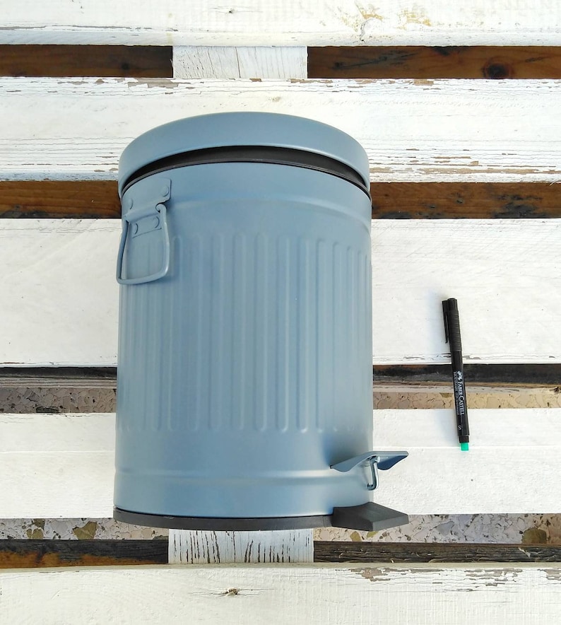 Blue Gray Farmhouse Trash Can, French Country Decor Small Metal Bin image 2