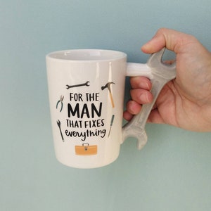 Divertida taza de manitas con mango de llave inglesa de doble punta, taza de café grande para hombres, para el hombre que lo arregla todo