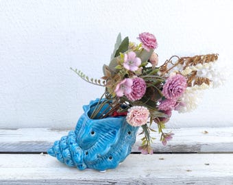 Keramische bloemenvaas met schelp, nautische plantenbak, schelpvormige vaas voor droogbloemen