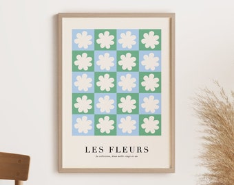 Imprimé fleuri en damier vert et bleu, imprimé marché aux fleurs, affiche rétro florale, imprimé en damier