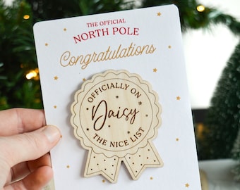 Personalised Nice List Badge, Personalised Wooden Nice List Christmas Badge, Santa Nice List Pin Badge, Father Christmas Nice List Badge