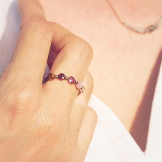 gemstones healing stones Elastic ring made of colorful tourmalines stacking rings boho rose gold