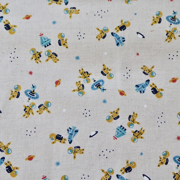 kids fat quarter cotton linen mix Tréfle by Kokka, Japanese import, tiny spaceman, astronaut fabric