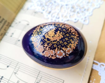 Limoges Castel France Cobalt Porcelain Egg Trinket Box / "Amour fidèle" / 22 k Gold / Vintage Collectible