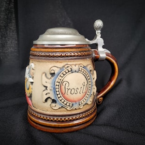 Vintage German Beer Stein 0.5L Handcrafted – Hand Painted Ceramic “Prosit” Mug with Pewter Lid – Lidded Stein Rustic Decor
