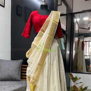 Traditional Kerala Kasavu Dhavani With Red Rawsilk Blouse/ Kerala Half Saree/ Onam Vishu Outfit