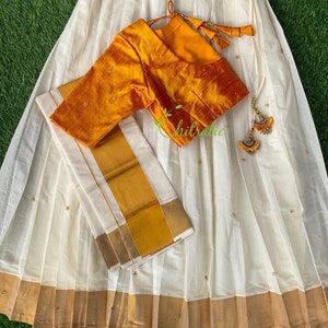 Kerala Gold Kasavu Dhavani: Raw Silk Choli, Handloom Half Saree