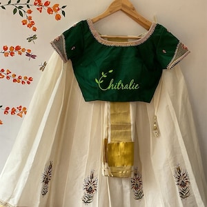 Kerala Onam Dress: Gold Kasavu Skirt, Rawsilk Blouse, Hand-Painted Peacock