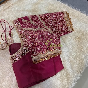 Made to Measure Pearl Embroidered Maroon Bridal Blouse- Indian Designer wedding Blouse