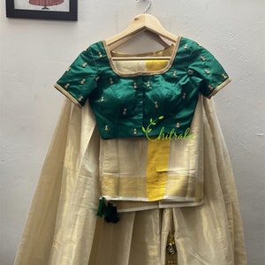 Custom Made Kerala Traditional Skirt And Dhavani With Small Jhumka Scattered Choli For Festivals