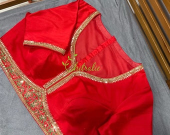 Custom Made Red Rawsilk Saree Blouse: Sequins Embroidery, Indian Party Wear