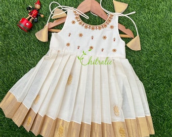 Baby Girls Kerala Gold Kasavu Knot Frock For Festivalas And First Ceremonies