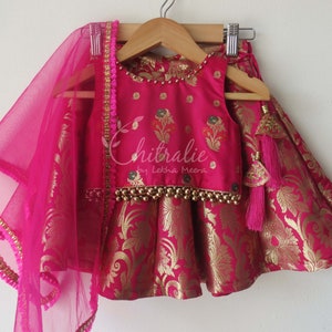 Kids Hot Pink Banarassi Silk Lehenga Choli Dupatta/ Indian Traditional Luxury Collections For Kids