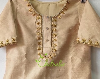 Baby Boy's Gold Rawsilk Kurtha Set - Kerala Handloom Mundu