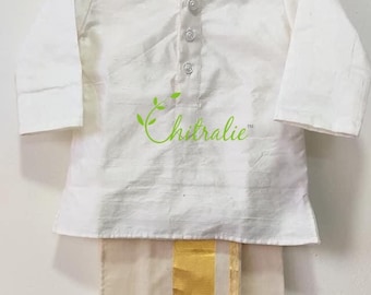 Baby Boy's White Silk Kurta with Kasavu Dhoti: Kerala Handloom Set