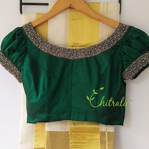 Dark Green Traditional Silk Saree Blouse With Beaded Boat Neckline and Puff Sleeve/ Silk Crop Top/ Lehenga Blouse