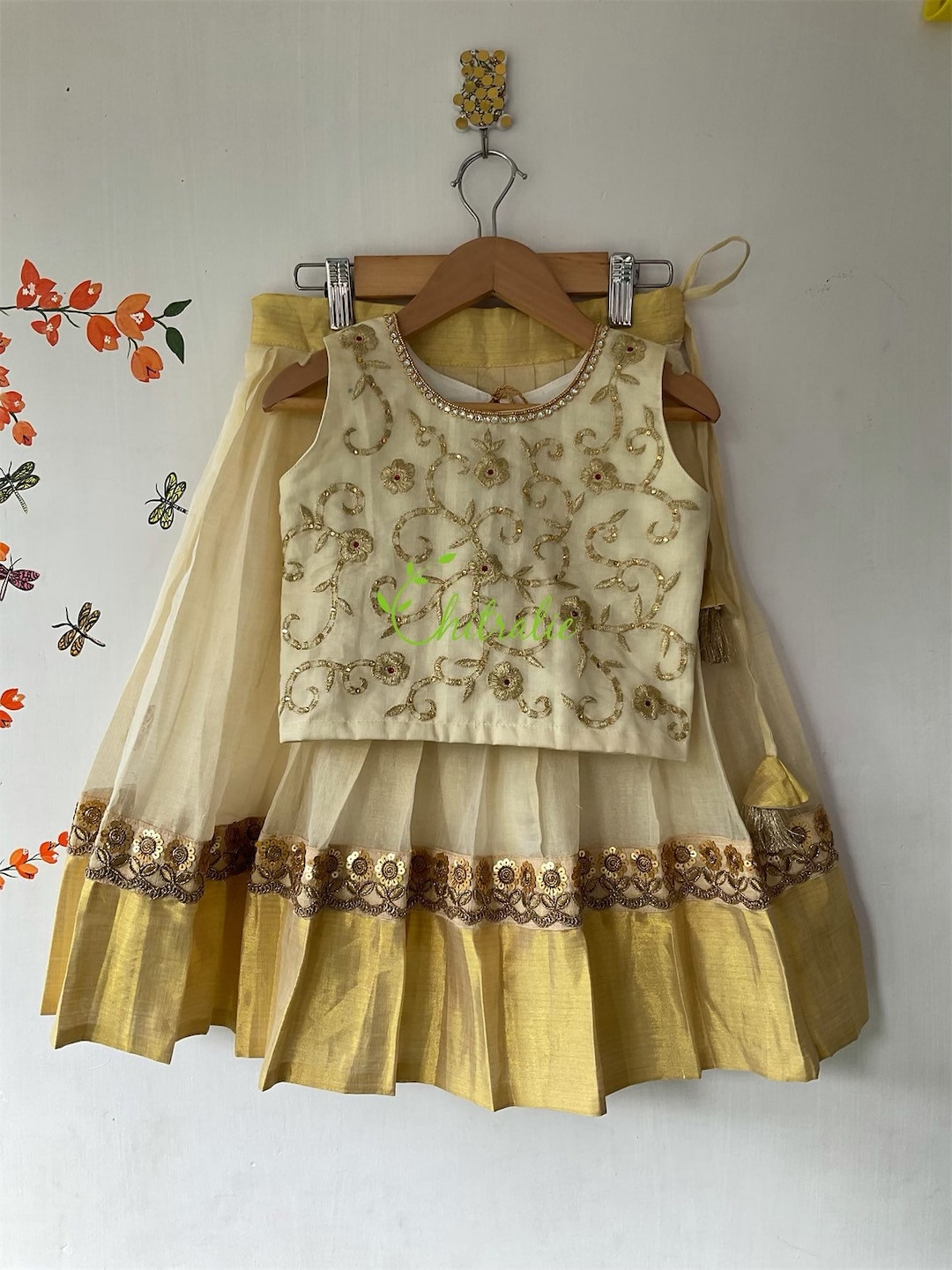 Girls' Gold Kasavu Lehenga Choli: Kerala Handloom Onam Dress